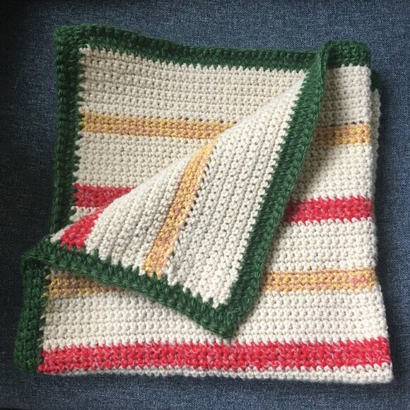 Hand Crocheted Square Cream Yellow Red Green Striped Mat Rug - Picture 2 of 16